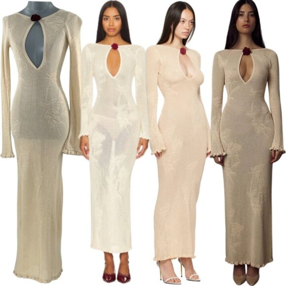 🆕 MIRROR PALAIS 🧿 NWOT Rose Pointelle Crochet Knit Dress, Soft Beige - Sz M